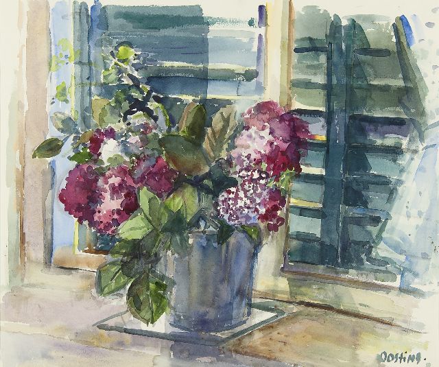 Jeanne Bieruma Oosting | Violette Blumen am Fenster, Aquarell auf Papier, 51,3 x 62,5 cm, Unterzeichnet r.u.