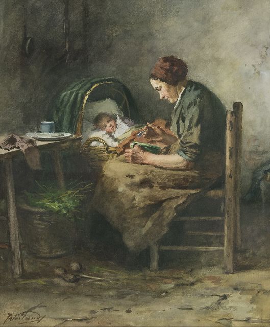 Weiland J.  | Bauerninnenraum mit Mutter und Kind, Aquarell auf Papier 48,0 x 40,3 cm, Unterzeichnet l.u.