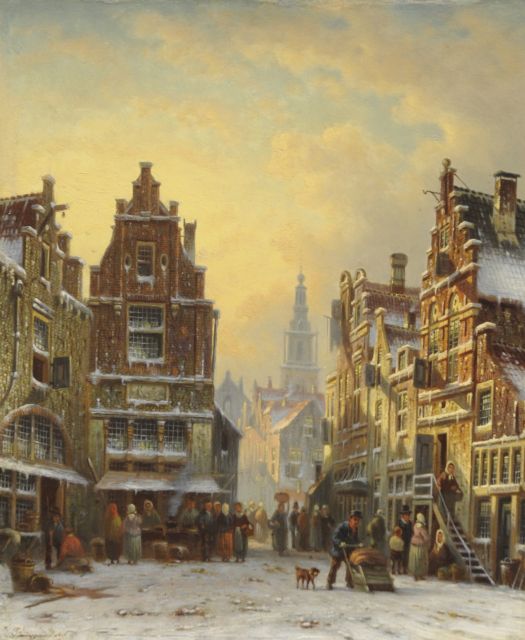 Johannes Franciscus Spohler | A snowy town view with the Amsterdam Zuiderkerk tower, Öl auf Holz, 26,2 x 21,5 cm, signed l.l.