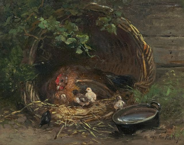 Mari ten Kate | Henne mit Küken in einem Korb, Öl auf Holz, 15,5 x 19,7 cm, Unterzeichnet r.u.