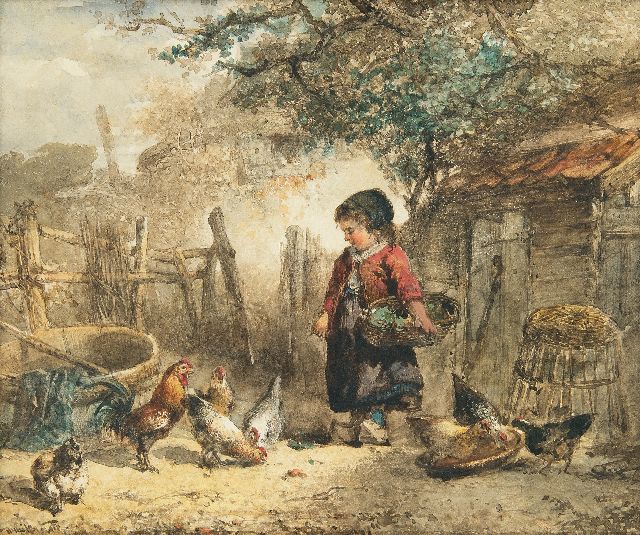 Mari ten Kate | Hühner füttern, Aquarell auf Papier, 21,1 x 25,4 cm, Unterzeichnet l.u.