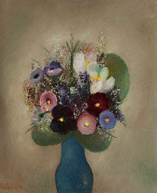Ferry Slebe | Blumen in blauer Vase, Öl auf Holzfaser, 50,0 x 40,0 cm, Unterzeichnet l.u. und datiert '43