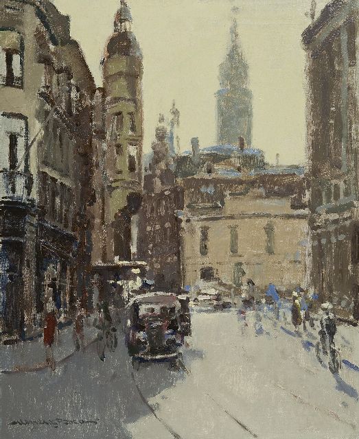 Hessel de Boer | Die Grafenstraat, Haag, mit dem Turm des alten Stadthauses, Öl auf Leinwand, 60,0 x 50,0 cm, Unterzeichnet l.u.