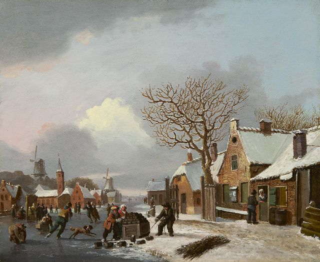 Jacobus van der Stok | Winterlandschaft mit Schlittschuhläufern, Öl auf Holz, 32,1 x 38,9 cm