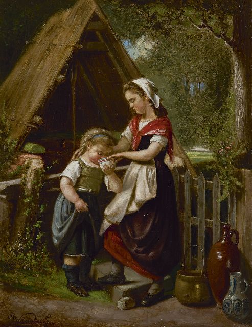 Varenbergh J.  | Kinder beim Milchhäuschen, Öl auf Holz 30,9 x 23,6 cm, Unterzeichnet u.l.