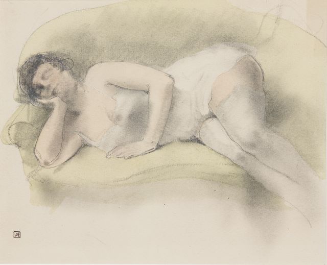 Rassenfosse A.L.  | Weiblicher Akt auf Sofa, Kreide und Aquarell auf Papier 19,0 x 24,0 cm, Unterzeichnet l.u. mit Künstlerstempel