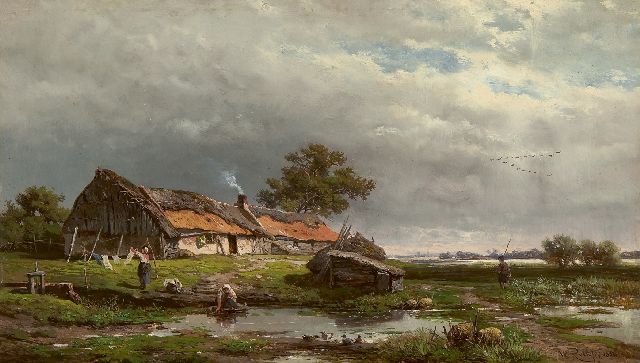 Willem Roelofs | Tätigkeit auf kleinem Gehöft, Öl auf Tafel, 20,2 x 33,4 cm, Unterzeichnet r.u. und datiert 1856