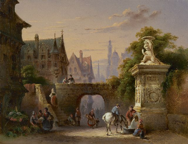 Jan David Geerling | Stadtansicht mit Figuren am Brunnen, Öl auf Leinwand, 27,3 x 35,9 cm, Unterzeichnet r.u. und datiert 1852