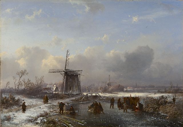 Kluyver P.L.F.  | A winterlandscape with skaters, Öl auf Holz 32,4 x 46,0 cm, signed l.l.' Kluyver' and 'S.L.V. fig.' und painted ca. 1850-1855