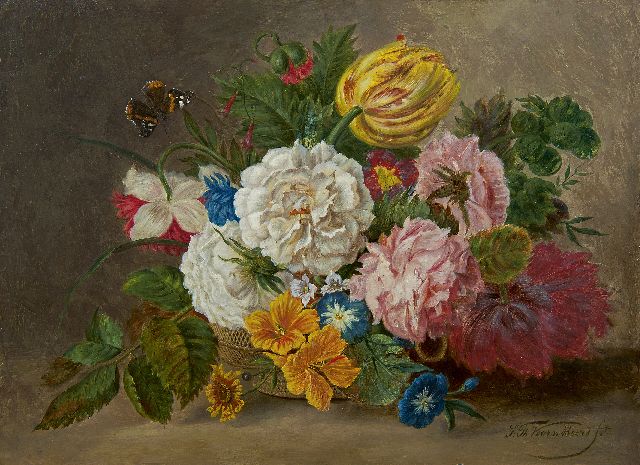 Sebastiaan Theodorus Voorn Boers | A flower still life in a basket, Öl auf Holz, 29,1 x 39,1 cm, signed l.r.