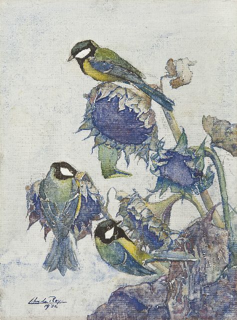 Roy C. le | Kohlmeisen auf Sonnenblumen, Gouache auf Leinwand 39,3 x 29,5 cm, Unterzeichnet l.u. und datiert 1930