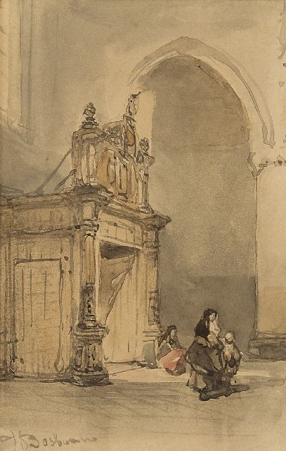 Johannes Bosboom | Innenraum eeiner holländischen Kirche, Aquarell auf Papier, 13,0 x 8,3 cm, Unterzeichnet l.u.