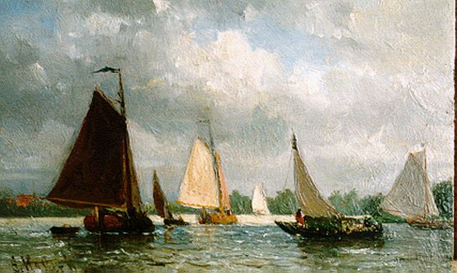 Everhardus Koster | Sailing vessels in full sail, Öl auf Holz, 10,8 x 16,9 cm, signed l.l.