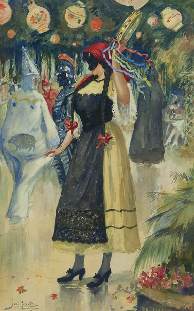 Rossum J.W. van | Maskenball, Aquarell auf Papier 42,0 x 26,0 cm, Unterzeichnet l.u.