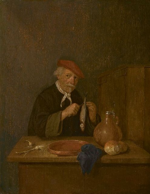 Quiringh Gerritz. van Brekelenkam | Mann mit Hering, Öl auf Holz, 39,5 x 30,4 cm, Unterzeichnet u.r. mit Initialen und datiert 1665