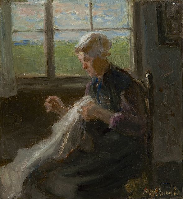 Jozef Israëls | Frau mit Flickarbeit am Fenster, Öl auf Holz, 30,0 x 27,7 cm, Unterzeichnet r.u. und zu datieren ca. 1890-1900
