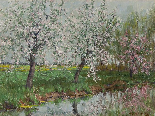 Bernard van Beek | BLühende Früchtbäume am Wasser, Öl auf Malereifaser, 30,5 x 40,4 cm, Unterzeichnet u.r.