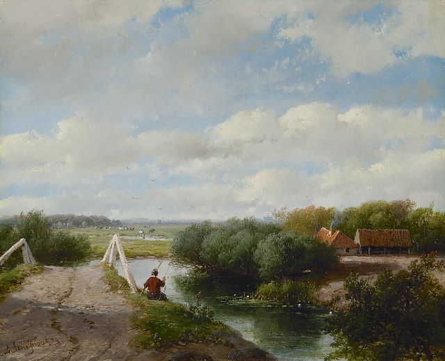 Andreas Schelfhout | Sommerlandschaft mit Angler bei Haarlem, Öl auf Tafel, 19,5 x 24,1 cm, Unterzeichnet l.u. und datiert '59