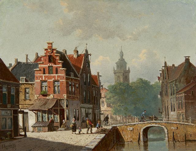 Frederik Roosdorp | Holländischer Stadtkanal im Sommer, Öl auf Holz, 28,0 x 36,5 cm, Unterzeichnet l.u.