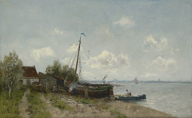 Fredericus Jacobus van Rossum du Chattel | Kleine Werft am Fluss, Öl auf Leinwand, 39,4 x 63,7 cm, Unterzeichnet l.u.