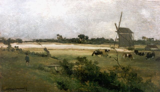 Jan Hendrik Weissenbruch | A polder landscape with windmills, Öl auf Tafel, 18,0 x 31,1 cm, signed l.l.