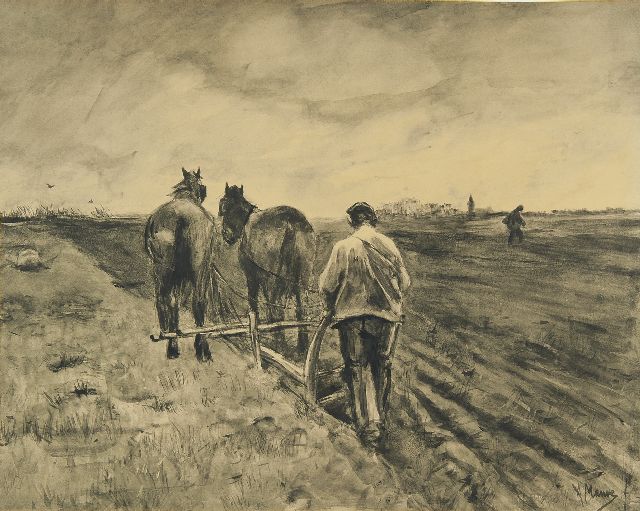 Anton Mauve | Pflüger mit zwei Pferden, Pinsel und Tinte auf Papier, 39,0 x 51,0 cm, Unterzeichnet r.u.