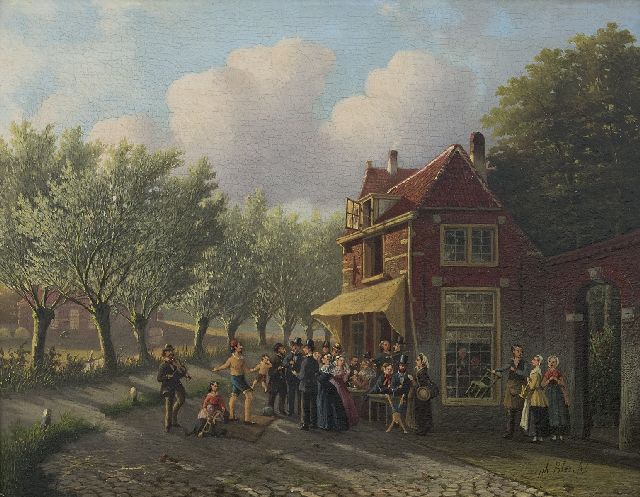 Joseph Bles | Zauberkünstler vor einem Dorfswirtshaus, Öl auf Holz, 20,6 x 26,2 cm, Unterzeichnet r.u.