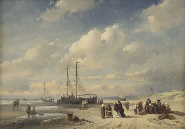 Charles Leickert | Fischauktion am Strand bei Scheveningen, Öl auf Tafel, 19,2 x 27,0 cm, Unterzeichnet u.r. und Ende fünfziger Jahre achtzehnhundert