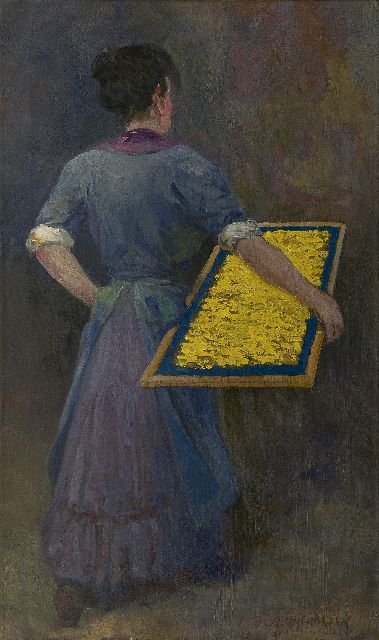 Herman Heijenbrock | Arbeiteerin in der Fadennudelfabrik, Öl auf Leinwand, 95,4 x 56,4 cm, Unterzeichnet r.u.