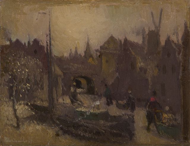 Henri van Daalhoff | Schlittschuhläufer auf einer Stadtgracht, Öl auf Holz, 14,0 x 18,2 cm, Unterzeichnet l.u.