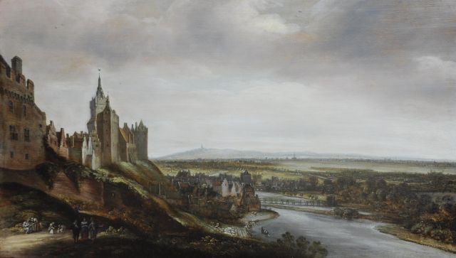 Jacob Koninck | Bleichwiesen bei Kleve mit Schloss Schwanenburg, Öl auf Holz, 41,5 x 71,9 cm, zu datieren um 1650-1700