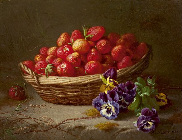 Raoux A.  | Strawberries in a basket, Öl auf Holz 27,9 x 36,2 cm, signed l.r. und dated 1865