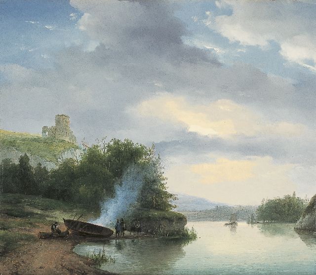 Andreas Schelfhout | Hügelicher Flusslandschaft mit Burgruine, Öl auf Holz, 32,9 x 38,2 cm, Unterzeichnet l.u. und zu datieren Mitte Jahre '20