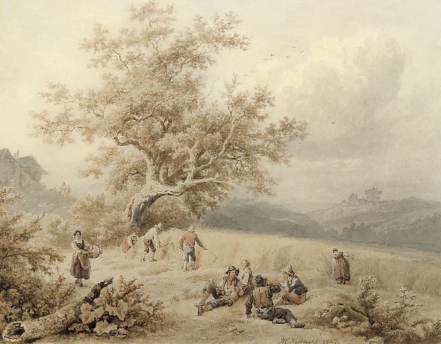 Barend Cornelis Koekkoek | Erntezeit, Luxemburg, Tinte und Aquarell auf Papier, 19,6 x 24,9 cm, Unterzeichnet r.v.d.M. und datiert 1847