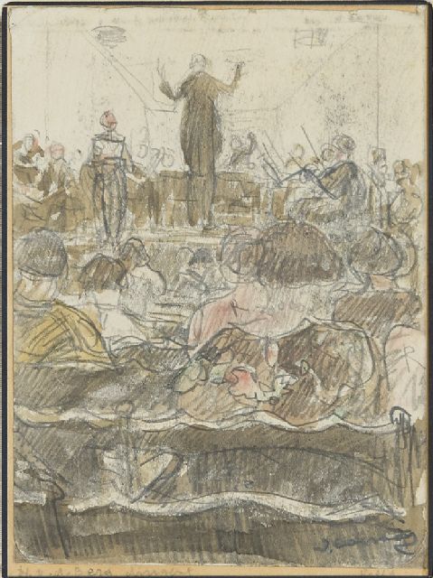 Cossaar J.C.W.  | Der Dirigent H.v.d.Berg dirigiert ein Orchester, Zeichnung auf Papier 15,5 x 11,5 cm, Unterzeichnet r.u.