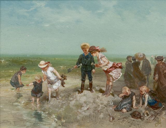 Charles Rochussen | Children playing on the beach, Öl auf Holz, 16,0 x 20,8 cm, signed l.r. with initials und painted ca. 1881
