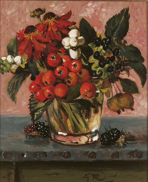 Gé Röling | Berries and flowers in a glass vase, Öl auf Holzfaser, 29,8 x 25,0 cm, signed l.r. with initials