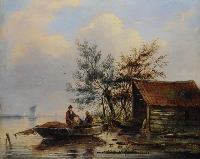 George Henry Hendriks | Zwei Fischer in einem Ruderboot bei Sonnenaufgang, Öl auf Holz, 16,2 x 20,1 cm, Unterzeichnet u.r. mit Monogram 'H.H.'