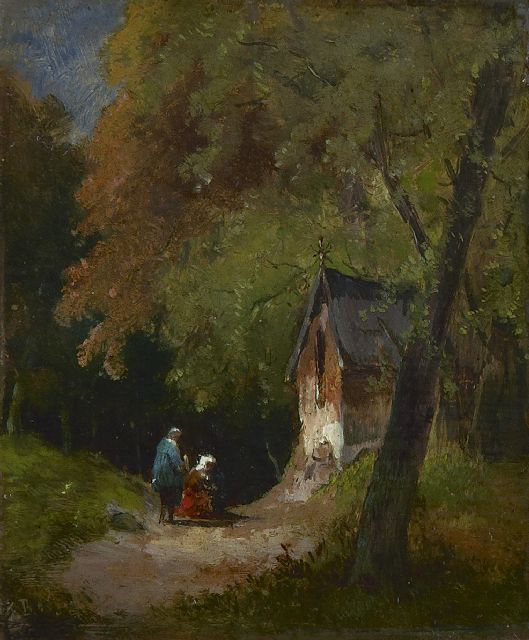 Frans Breuhaus de Groot | Waldlandschaft mit Landleuten bei einer Kapelle, Öl auf Holz, 11,5 x 9,7 cm, Unterzeichnet l.u. mit Initialen