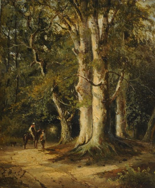 Breuhaus de Groot F.  | Reiter und Spaziergänger in einem Wald, Öl auf Holz 12,2 x 10,3 cm, Unterzeichnet u.l. mit Initialen