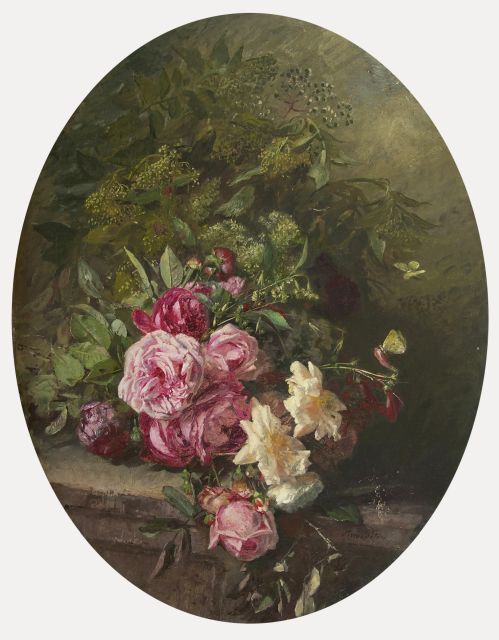 Anna Peters | Rosen und Zweige auf einer Plinthe, Öl auf Leinwand, 91,0 x 69,5 cm, Unterzeichnet u.r.
