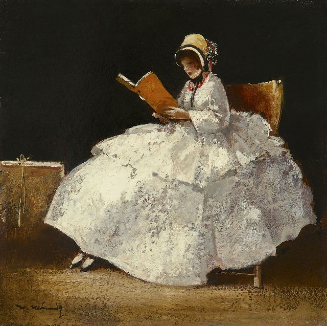 Walter Heimig | Lesendes Mädchen, Öl auf Tafel, 30,1 x 30,2 cm, Unterzeichnet u.l.