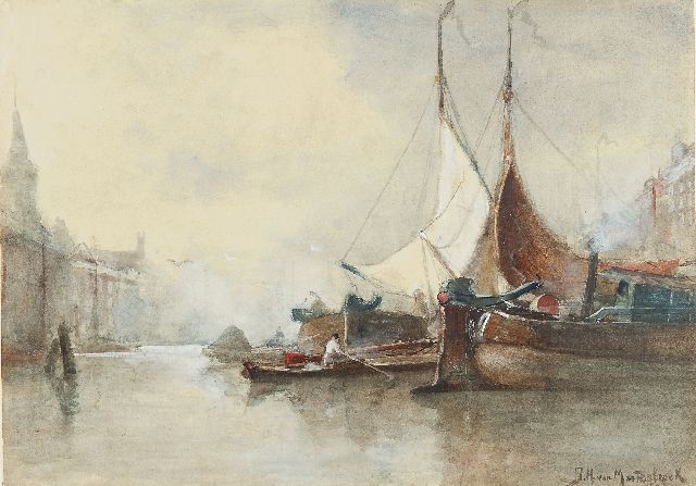 Johan Hendrik van Mastenbroek | Moored sailing vessels in the Leuvehaven, Rotterdam, Aquarell auf Papier, 38,5 x 53,3 cm, signed l.r. und dated 189(8?)