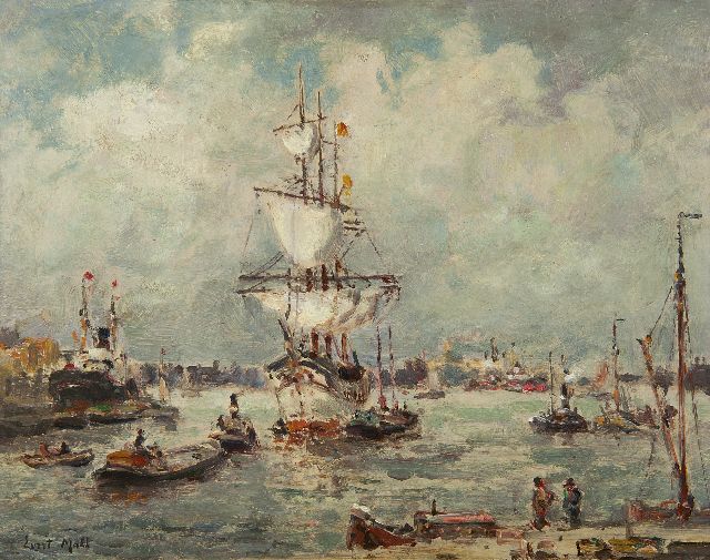 Evert Moll | Dreimaster im Hafen von Rotterdam, Öl auf Malereifaser, 24,0 x 30,5 cm, Unterzeichnet u.l.