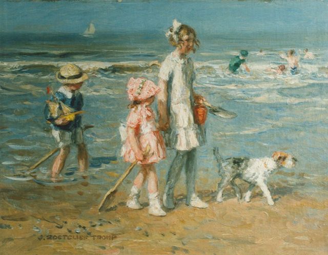 Jan Zoetelief Tromp | Walking along the beach, Öl auf Leinwand, 37,5 x 50,0 cm, signed l.l.