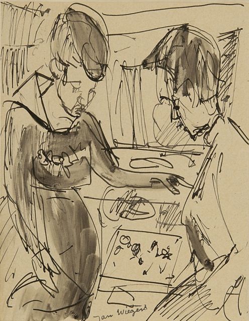 Jan Wiegers | Beim Juwelier, Feder, Pinsel und Tinte auf Papier, 21,6 x 17,5 cm, Unterzeichnet M.u. und im Verso