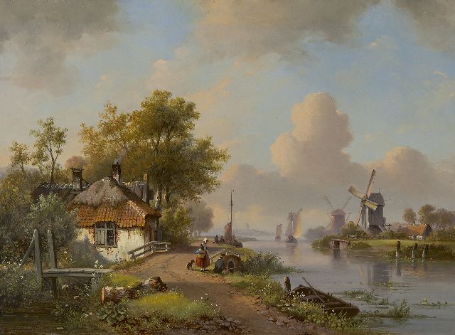 Lodewijk Johannes Kleijn | Holländische Flusslandschaft im Sommer, Öl auf Holz, 34,8 x 47,2 cm