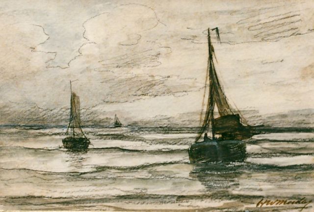 Hendrik Willem Mesdag | 'Bomschuiten' in the surf, Bleistift und Aquarell auf Papier, 13,5 x 19,5 cm, signed l.r.