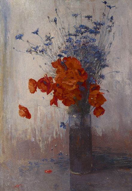 Frans Oerder | Klatschrozen und Kornblume in hoher Vase, Öl auf Leinwand, 90,2 x 63,5 cm, Unterzeichnet u.l.