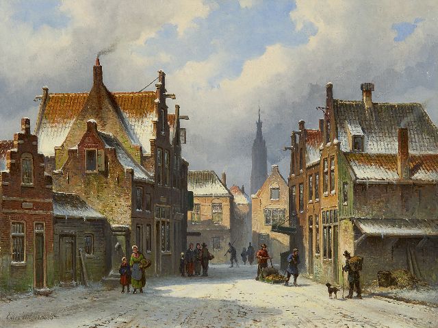 Hilverdink E.A.  | Holländisches Stadtansicht im Winter mit der Nieuwe Kerk von Delft, Öl auf Holz 26,4 x 35,0 cm, Unterzeichnet u.l.